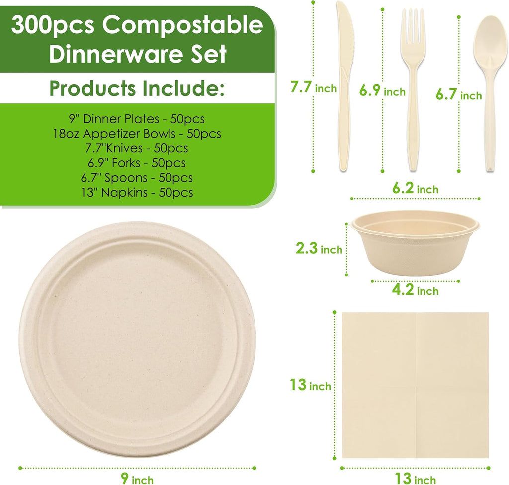 Disposable Paper Plates Set 300PCS Compostable Sugarcane Plates, Bowls