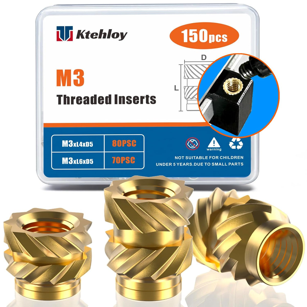 150Pcs M3 Threaded Inserts, M3 Female Thread Metric Knurled Nuts Assortment Kit, Brass Heat Set Insert for Plastic and 3D Printing Components (M3x4x5, M3x6x5)
