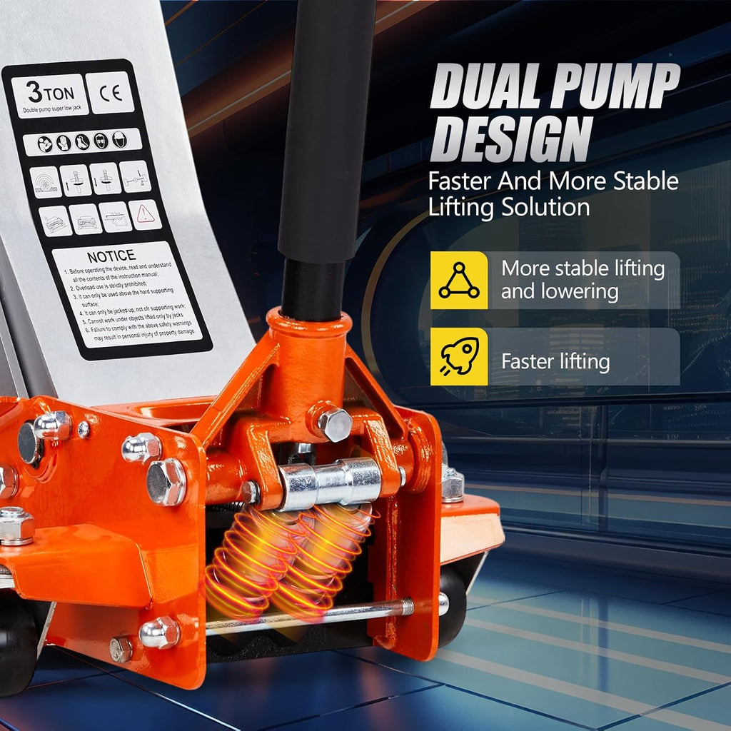 3 Ton Floor Jack, Aluminum and Steel Low Profile Jack with Dual Pistons Quick Lift Pump for Cars & SUVs, Lifting