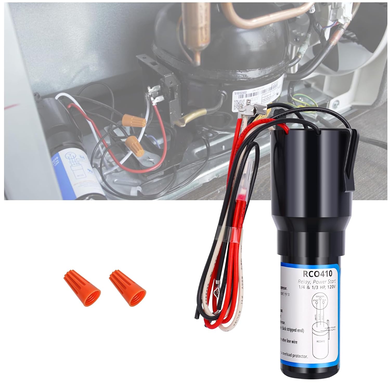 RCO410 3-in-1 Hard Start Capacitor Kit, 1/4-1/3 HP, 115VAC, 1 Pack | Combined Relay, Overload and Capacitor, Restores