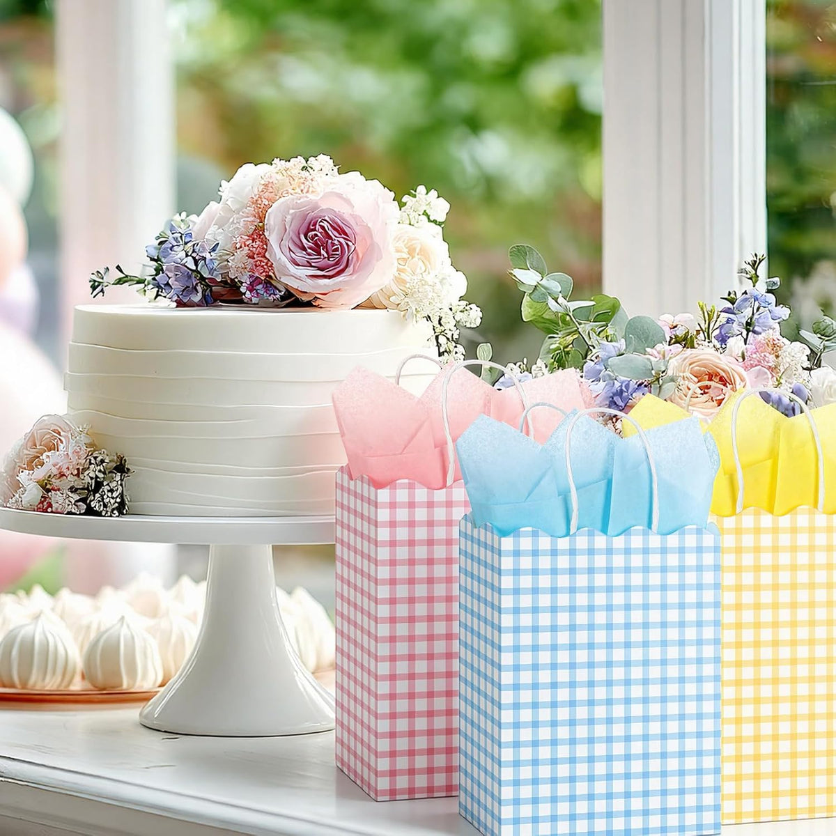 50 Pcs Pastel Gift Bags with Handles and Tissue Paper,Gingham