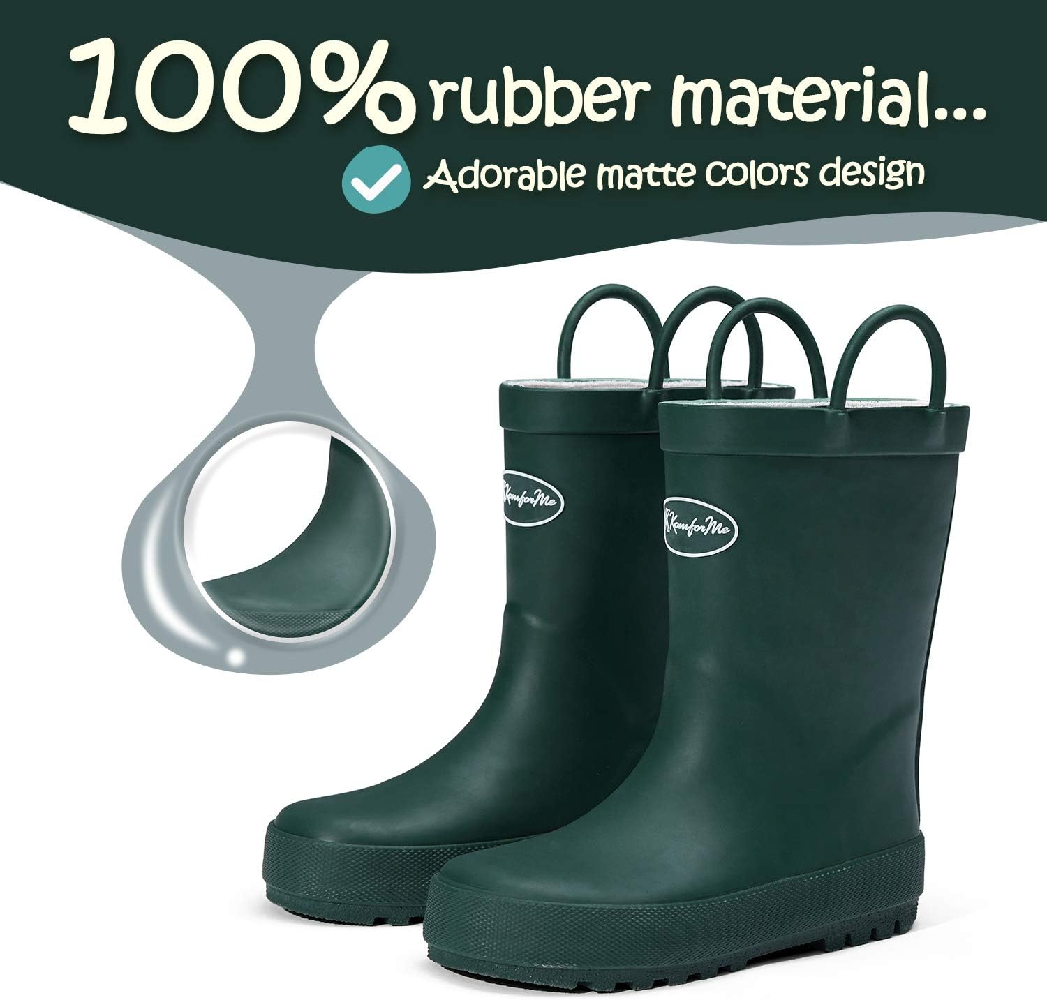 Kids Rain Boots, Waterproof Rubber Boots with Easy-on Handles | Pull on, Slip-resistant, Double Handles
