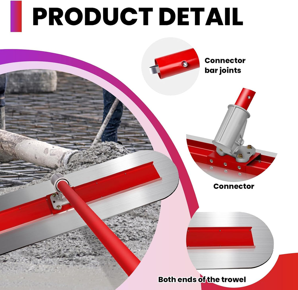 48''x12'' Round End Bull Float Concrete Kit, Stainless Steel Fresno Trowel with Adjustable Bracket, 4 Aluminum 60''