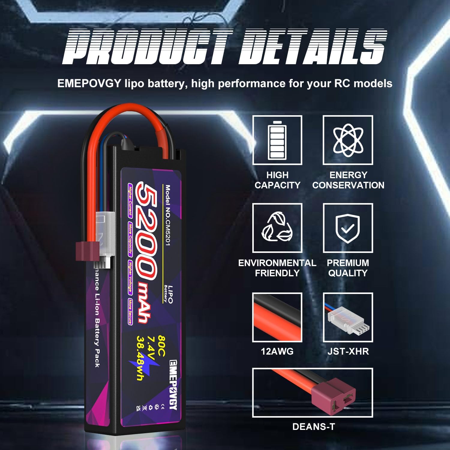 7.4V Lipo Battery 2S 5200mAh 80C Lipos Hard Case with T Connector for RC Car Trucks 1/8 1/10 RC Vehicles(2 Packs)