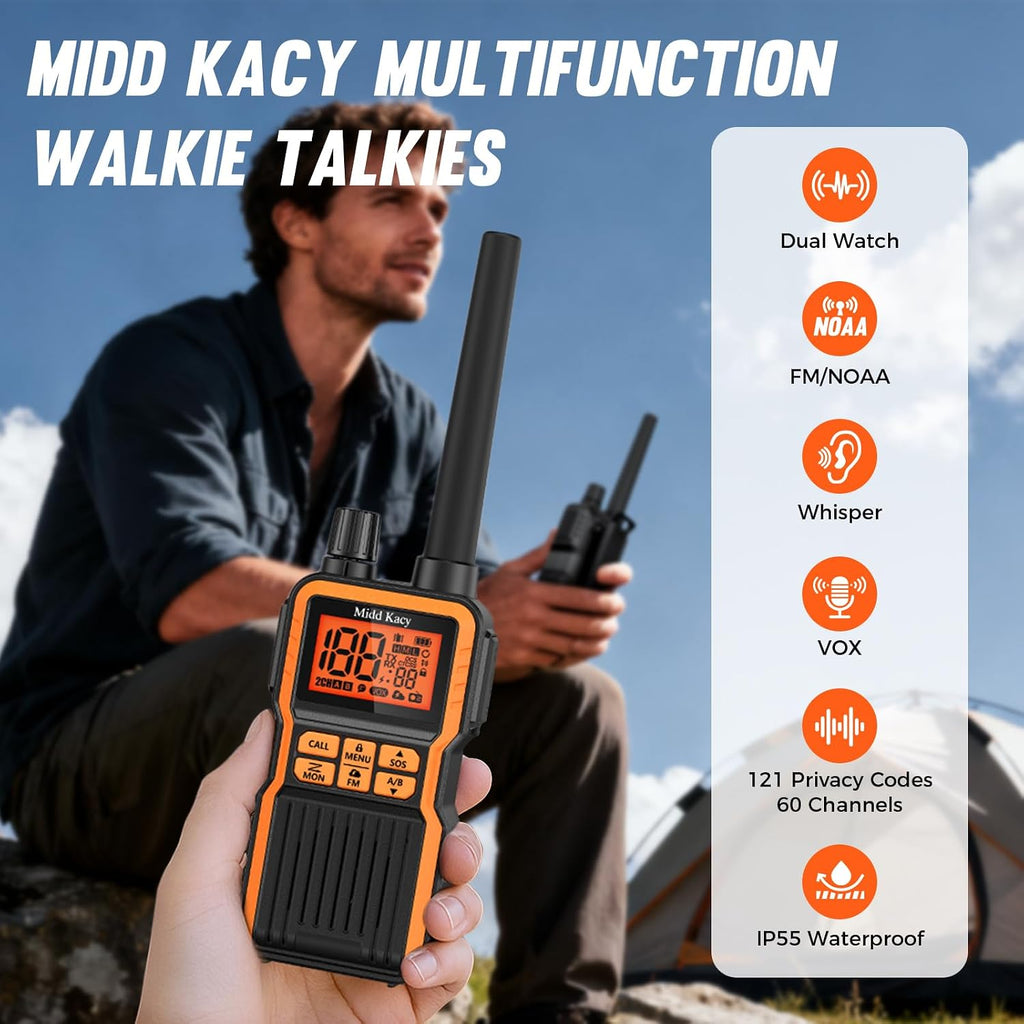 Midd Kacy MK108 Walkie Talkies Long Range, GMRS 2 Way Radio (2 Pack) | 60 Channel, 121 Privacy Codes, Waterproof