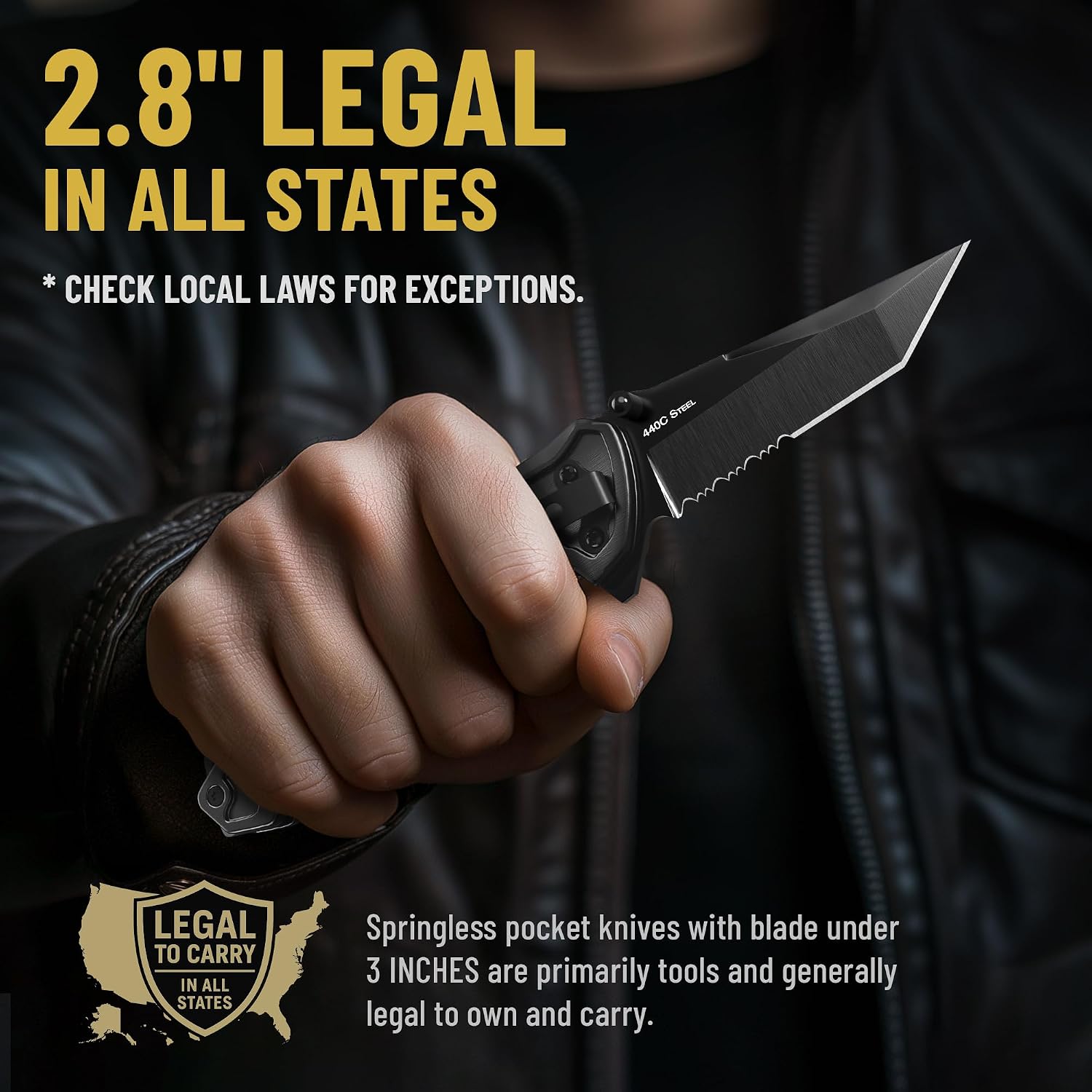 6.7" Compact Legal Pocket Knife with Bearing - 5 in 1 Knife - 2.8” Serrated Tanto Blade - with Glass Breaker &