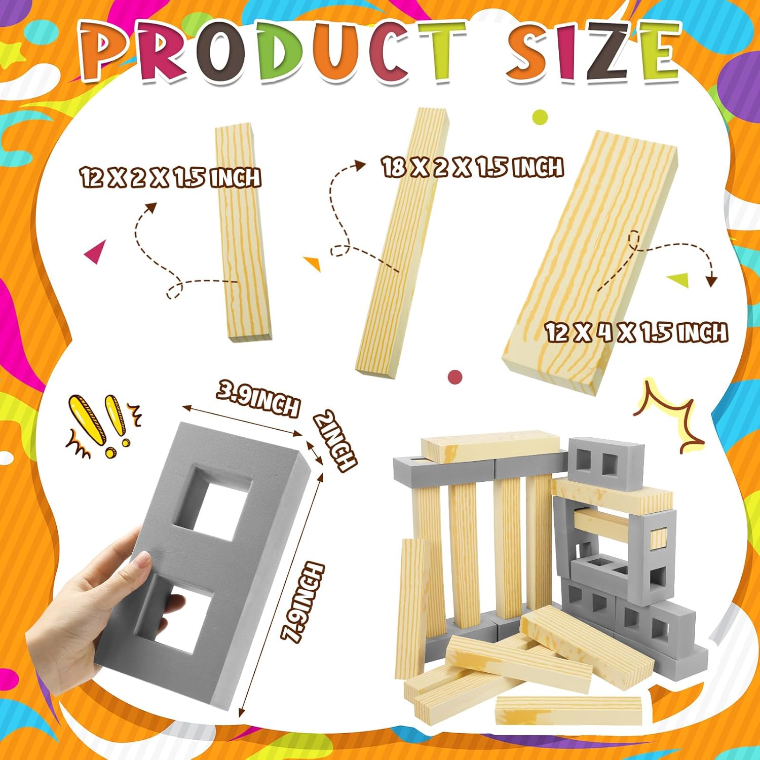 24 Pcs Foam Wooden Beam Soft Foam Brick Building Blocks Unit Fake Brick Building Blocks Giant Stacking Sets for Kids