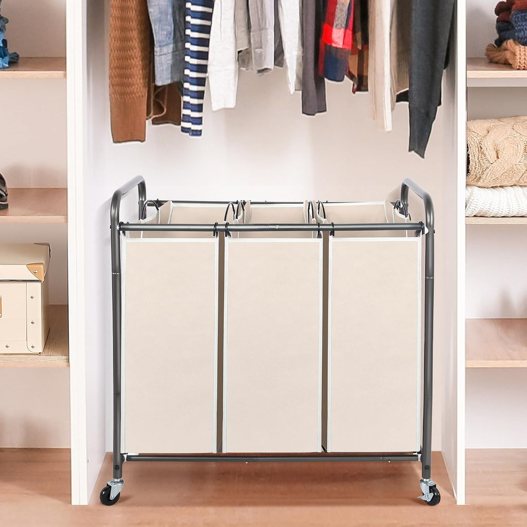 Laundry Sorter 3 Section, 3 Bag Clothes Hamper, Rolling Laundry Cart Basket with Heavy Duty Lockable Wheels and