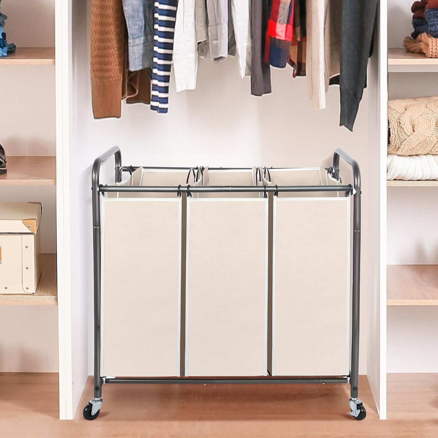 Laundry Sorter 3 Section, 3 Bag Clothes Hamper, Rolling Laundry Cart Basket with Heavy Duty Lockable Wheels and