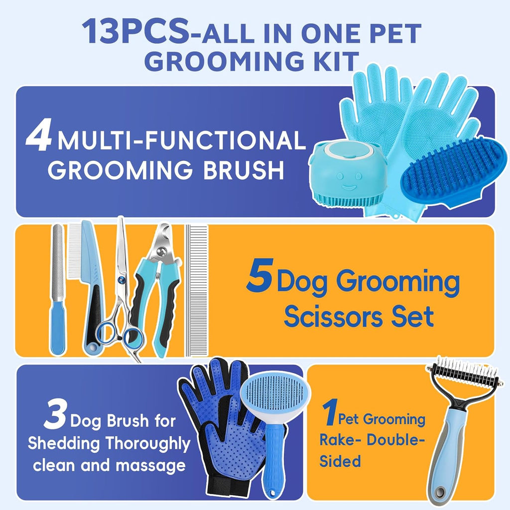 Dog Brush for Shedding 13pcs Bath Grooming Kit with Pet Nail Clipper and File - Dog Bath Brush Cat Grooming Supplies