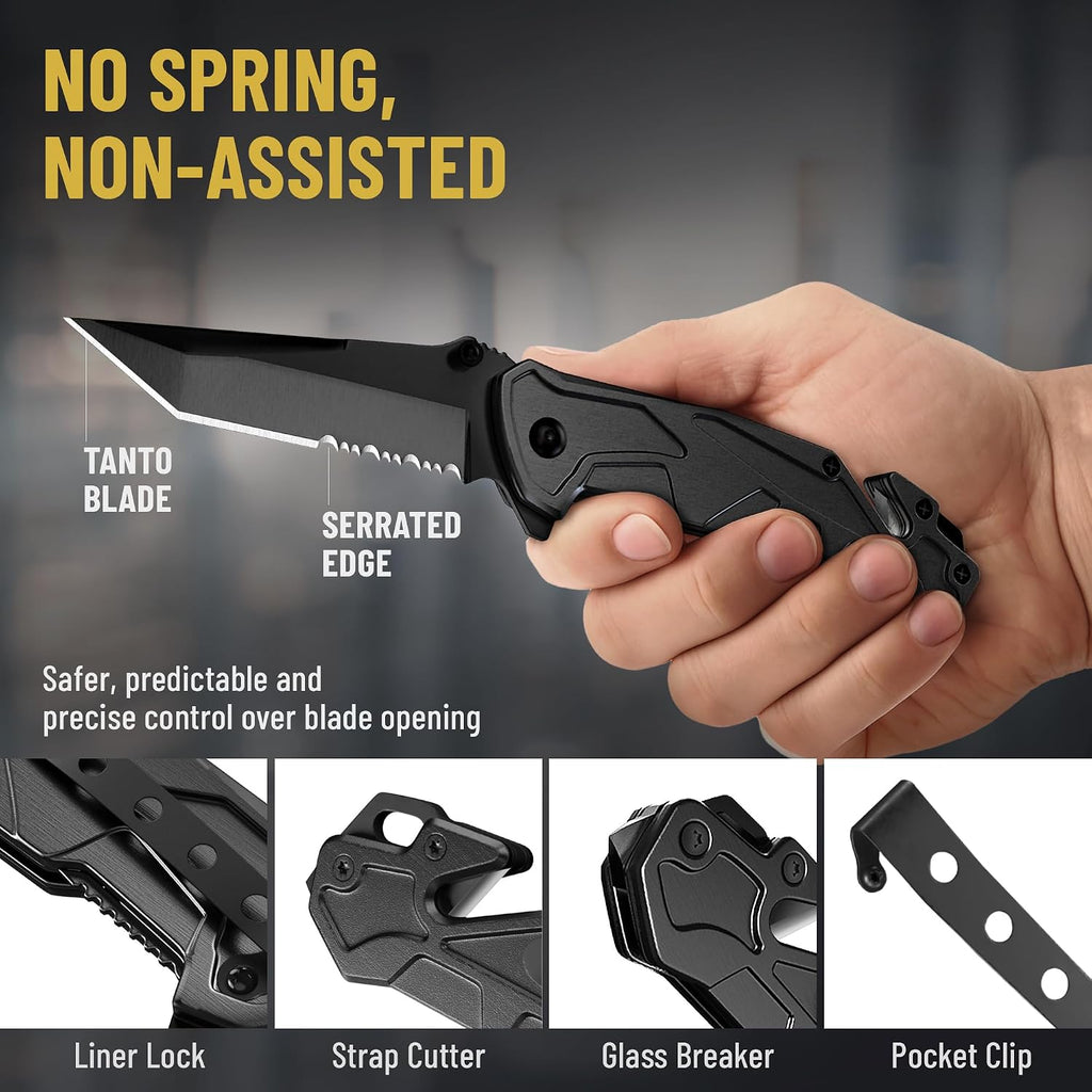 6.7" Compact Legal Pocket Knife with Bearing - 5 in 1 Knife - 2.8” Serrated Tanto Blade - with Glass Breaker &