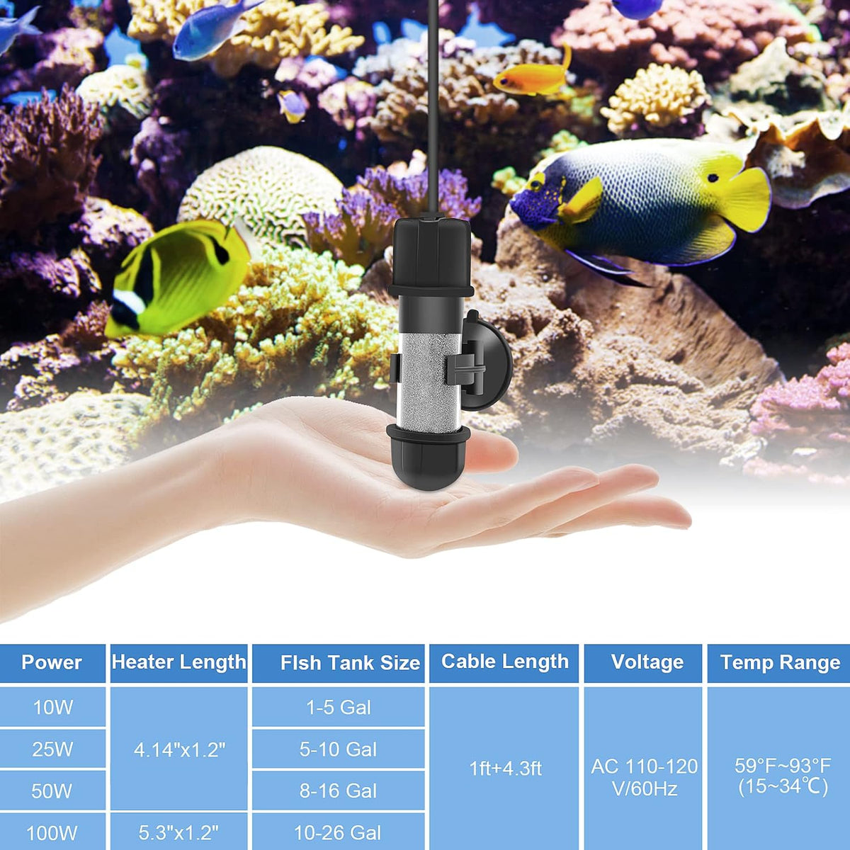 Small Aquarium Betta Heater, Submersible Fish Tank Heater 10W/25W/50W/100W with LED Digital Display, Suitable for