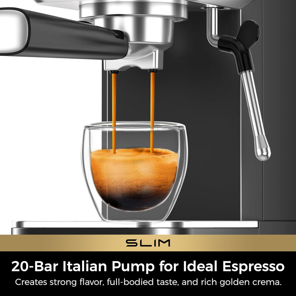Slim Espresso Machine with Milk Frother for Home Cappuccino, Black | Precise Pressure Gauge, Food-Grade Materials, 20