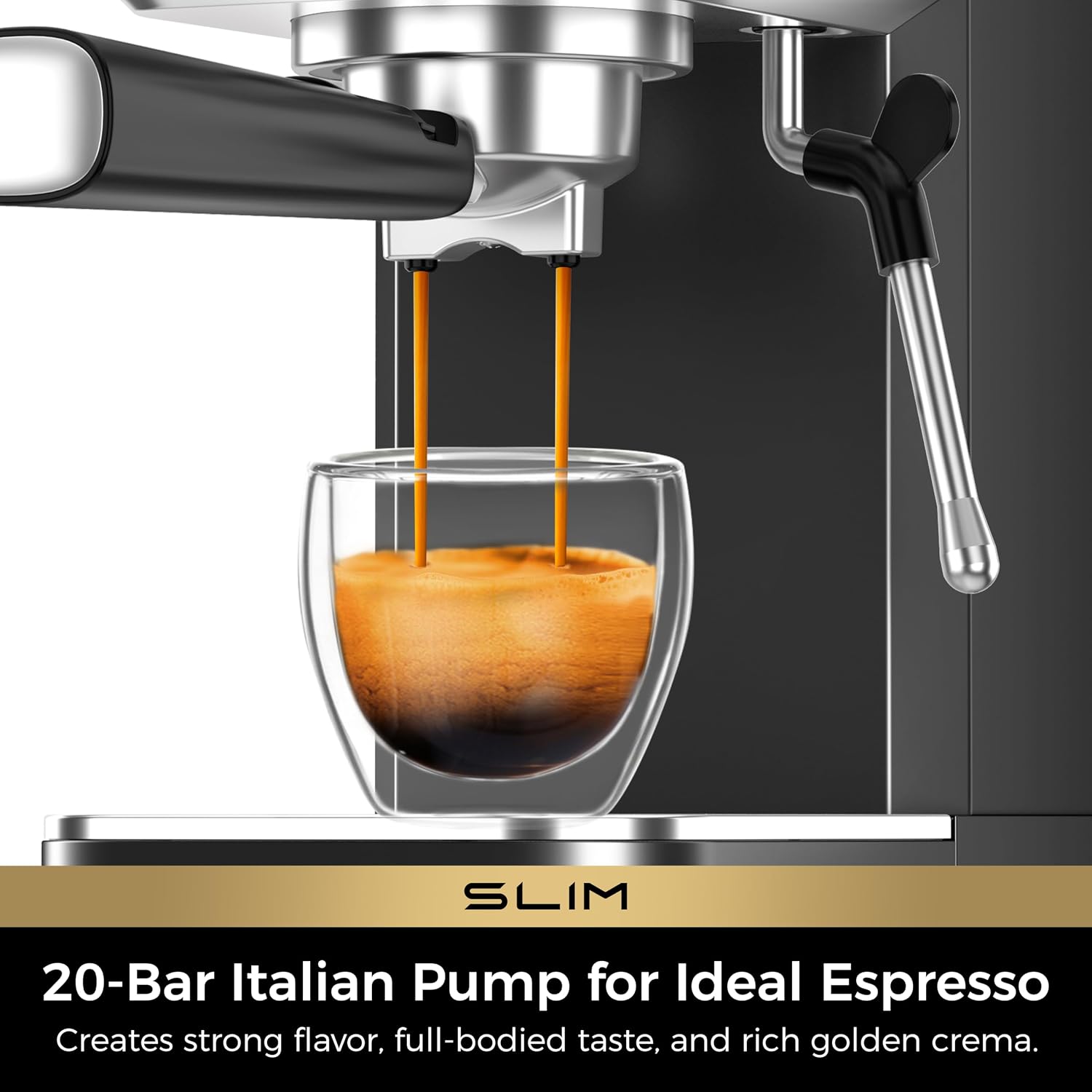 Slim Espresso Machine with Milk Frother for Home Cappuccino, Black | Precise Pressure Gauge, Food-Grade Materials, 20