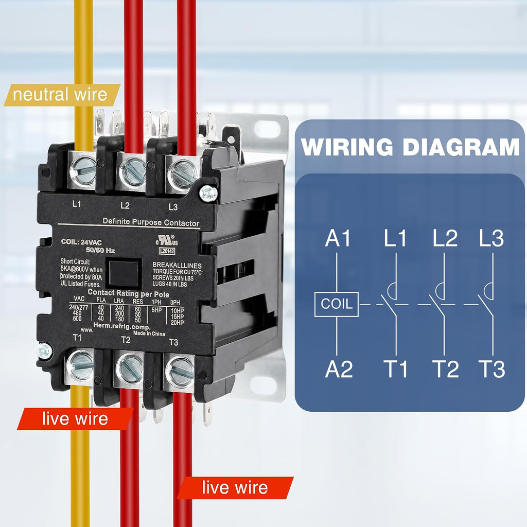 3 Pole 40 Amp Contactor 120VAC Coil, Air Conditioner Condenser Compressor Motor Magnetic Contactor, UL HVAC Definite