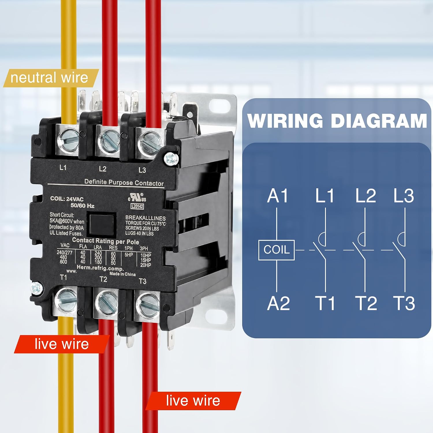 3 Pole 40 Amp Contactor 120VAC Coil, Air Conditioner Condenser Compressor Motor Magnetic Contactor, UL HVAC Definite