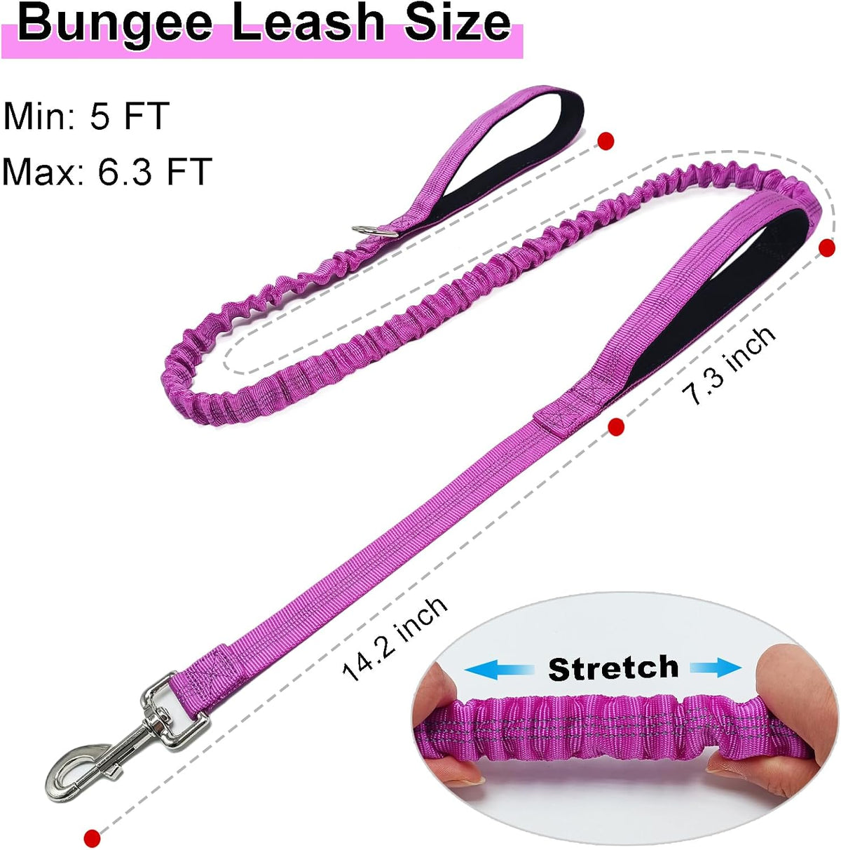 5FT Bungee Dog Leash with 2 Handles, Reflective Nylon Traffic Leash