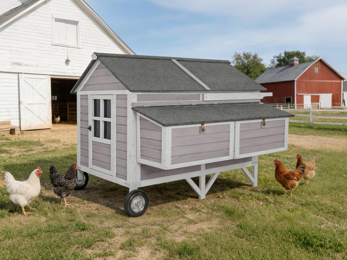 68" Chicken Coop for 8-12 Chickens with Large Wheels, Mobile Wooden Hen House with 4 Nesting Boxes, 4 Perches