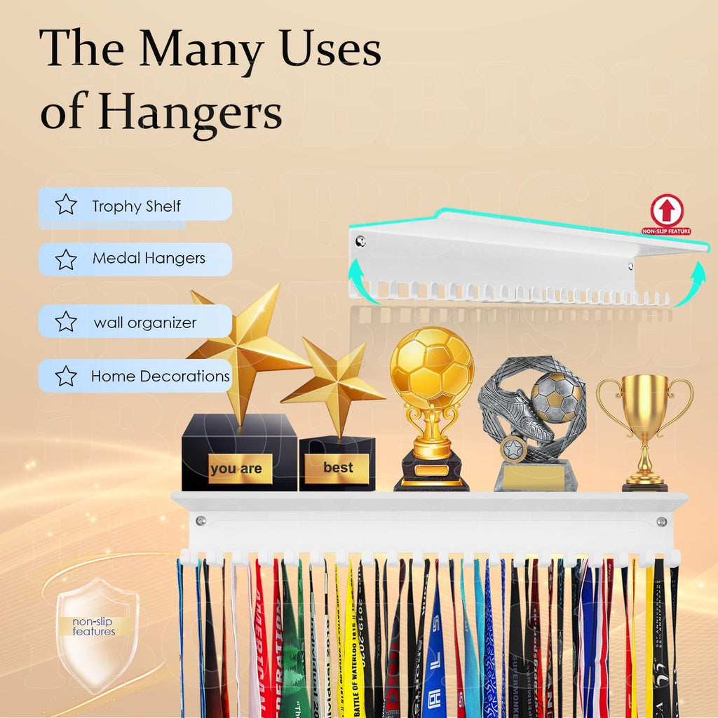 Metal Medal Hanger Display,Non-Slip Trophy Shelf with 20 Hooks,Wall Mount,Heavy Duty,Non-Bent,Holds 22-33lbs