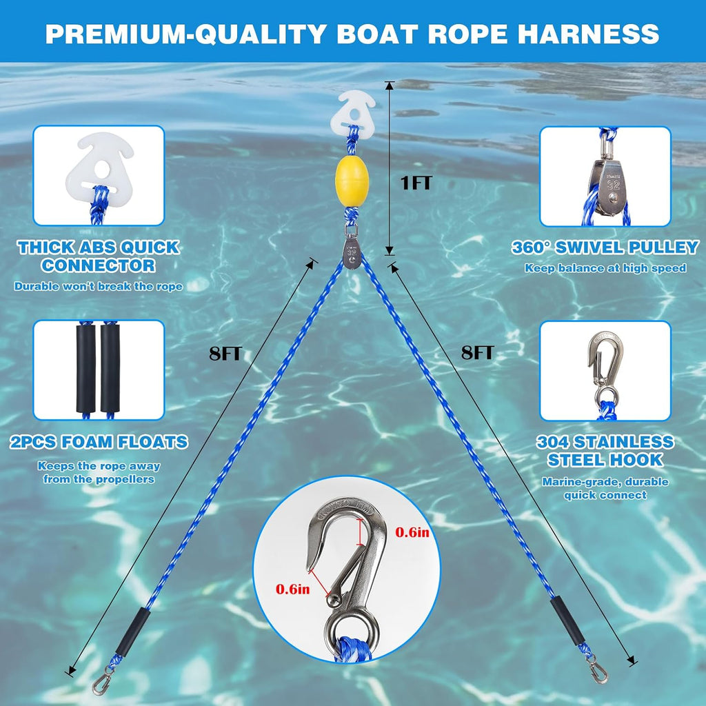 Heavy Duty Boat Tow Harness for Tubing, Self Centering Boat Tow Rope for Tubing 1-4 Riders with 360° Rotating Pulley