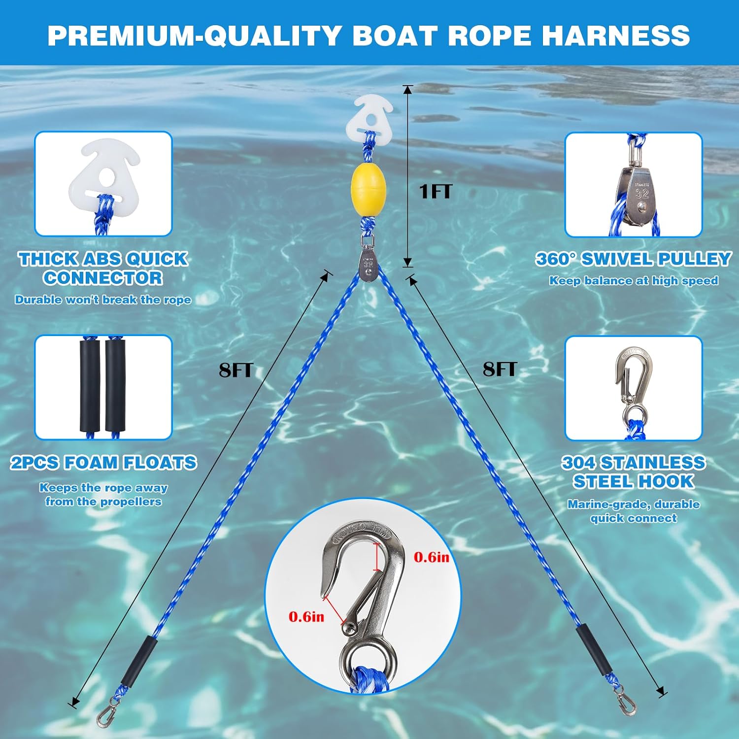 Heavy Duty Boat Tow Harness for Tubing, Self Centering Boat Tow Rope for Tubing 1-4 Riders with 360° Rotating Pulley