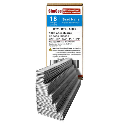 18 Gauge 304SS Brad Nails, 2/5",5/8",3/4",1",1-1/4 Inch, 5000-Pack
