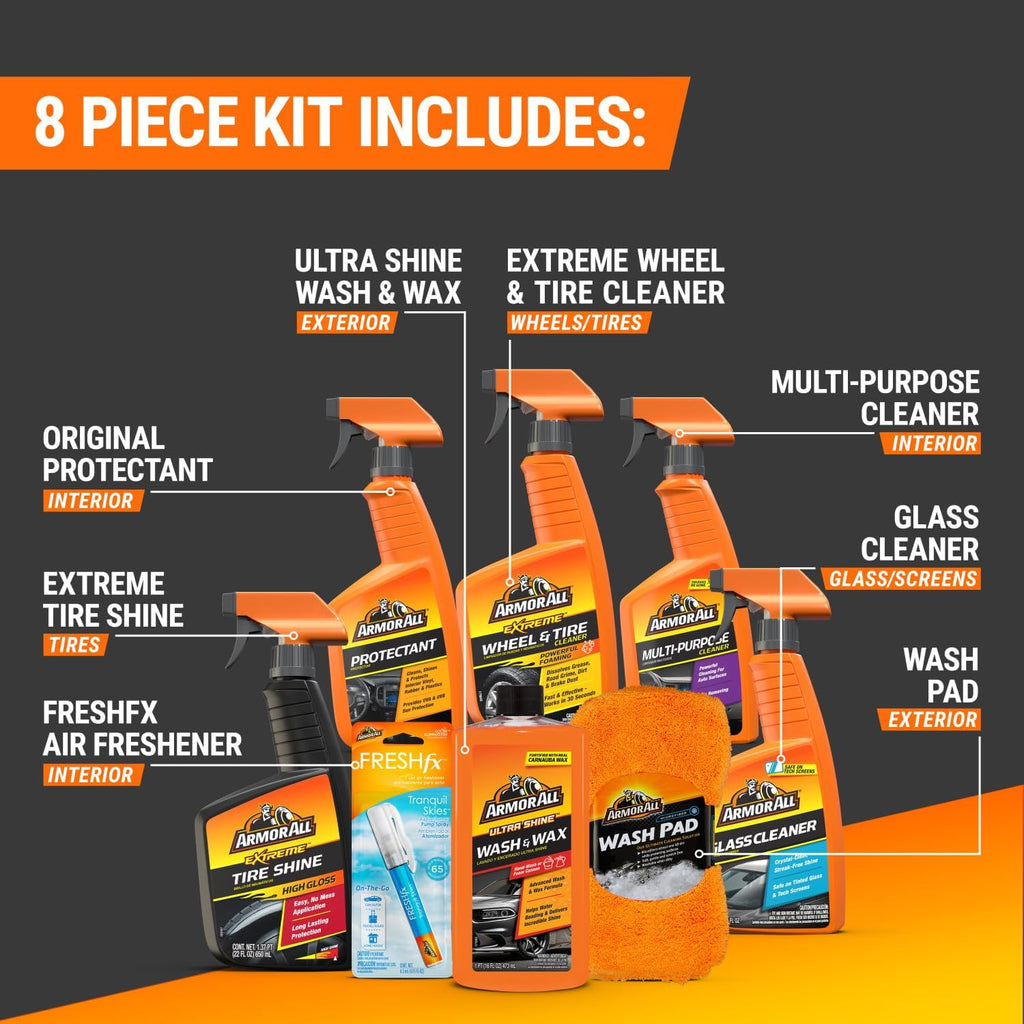 Premier 8-Piece Car Care Kit - Complete Car Detailing Set with Wax, Wash, Glass & Tire Cleaners, Gift for Car Lovers