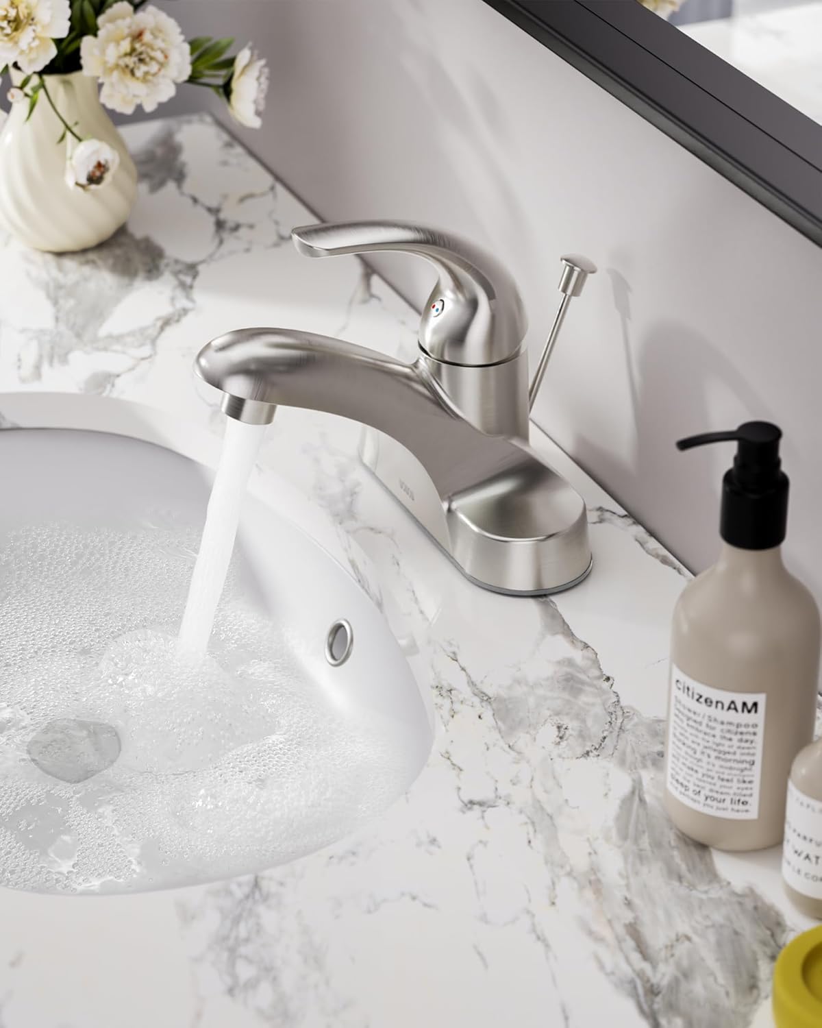 Bathroom Faucet 1 Handle Low Arc Single Handle 4 inch Centerset Bathroom Sink Faucet with Pop Up Drain Assembly Basin