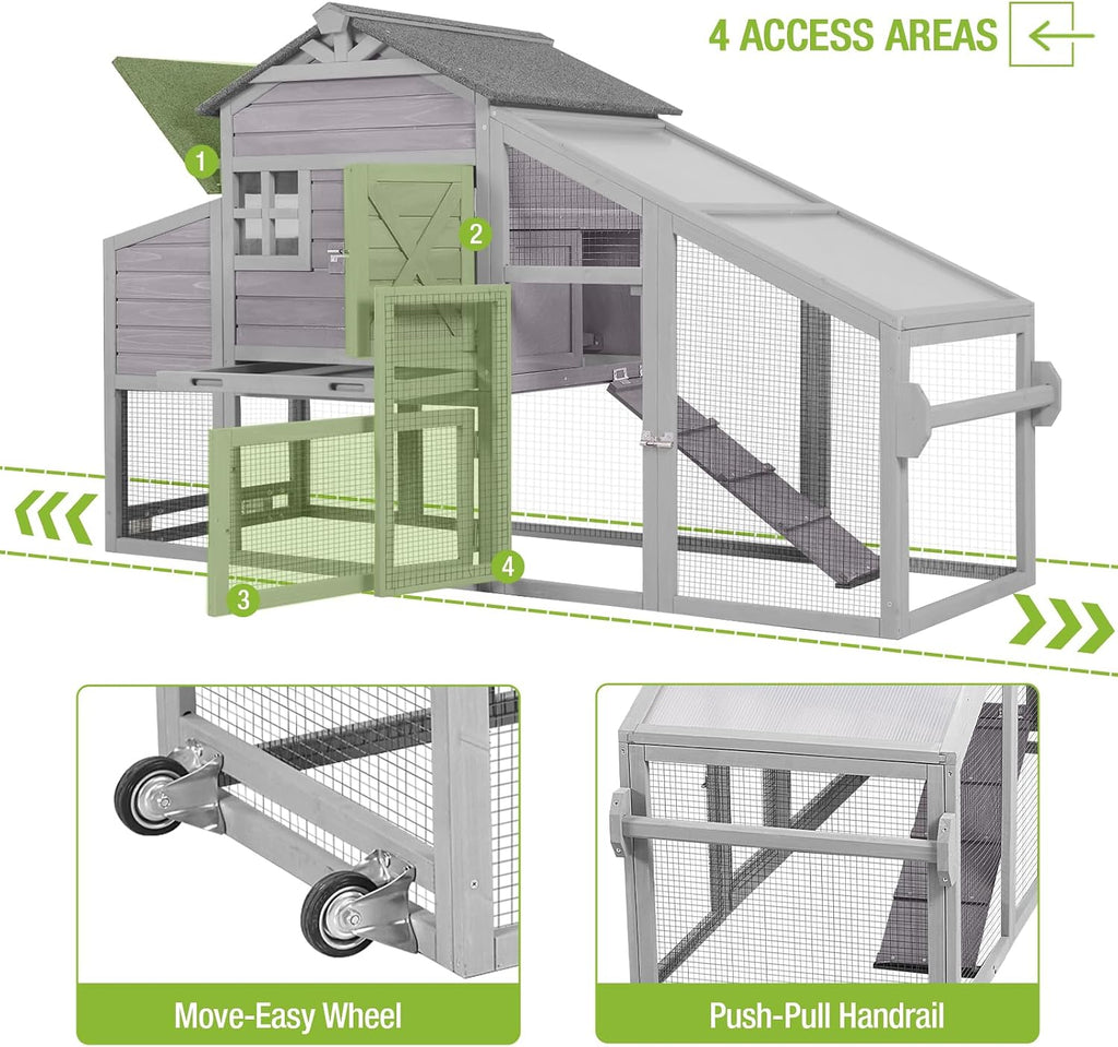 Chicken Coop Mobile Hen House with Nesting Box Outdoor Rabbit Hutch Poultry Cage 73.4" with Wheel for 2-4 Chickens,Grey