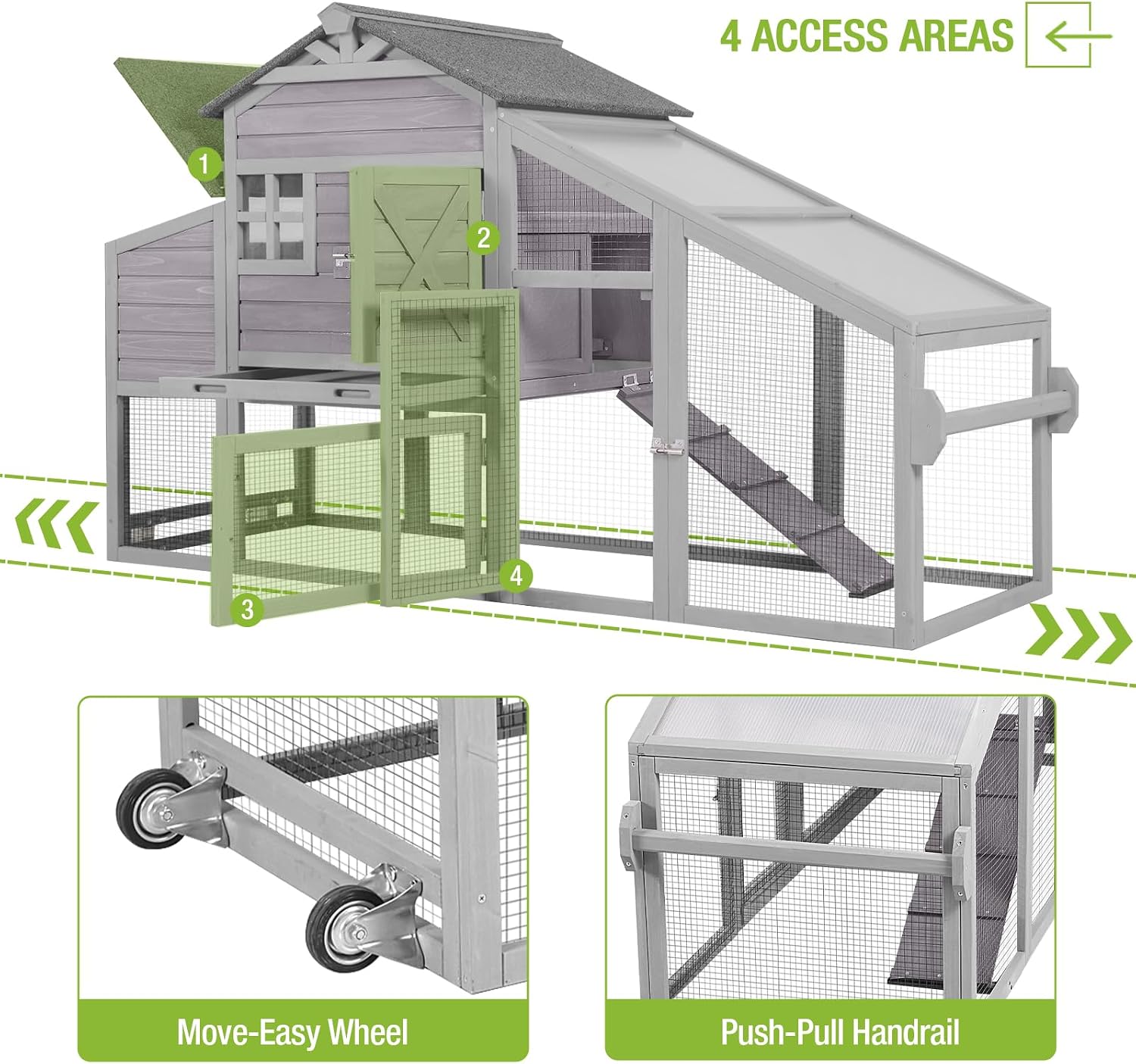 Chicken Coop Mobile Hen House with Nesting Box Outdoor Rabbit Hutch Poultry Cage 73.4" with Wheel for 2-4 Chickens,Grey