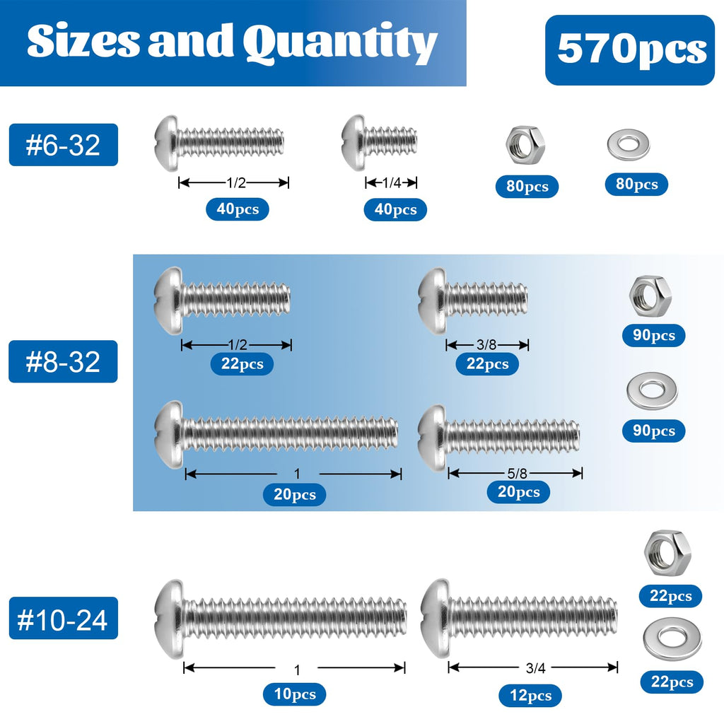 570Pcs Phillips Pan Head Nuts and Bolts Assortment Kit#6-32#8-32#10-24