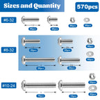 570Pcs Phillips Pan Head Nuts and Bolts Assortment Kit#6-32#8-32#10-24