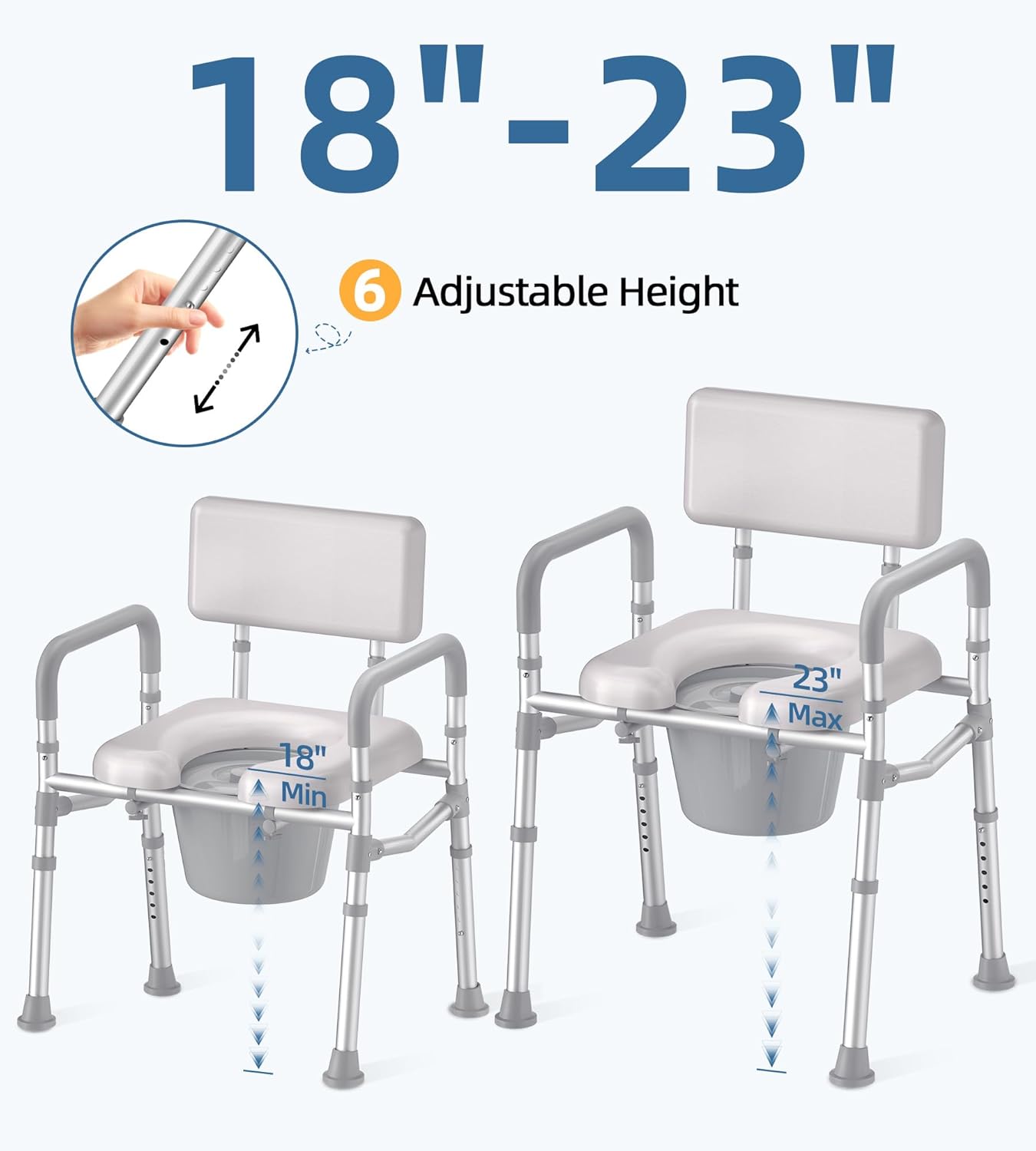 Bedside Commode with Padded Seat and Backrest, Aluminum Commode Toilet with Bucket, Easy Cleaning Portable Toilet for