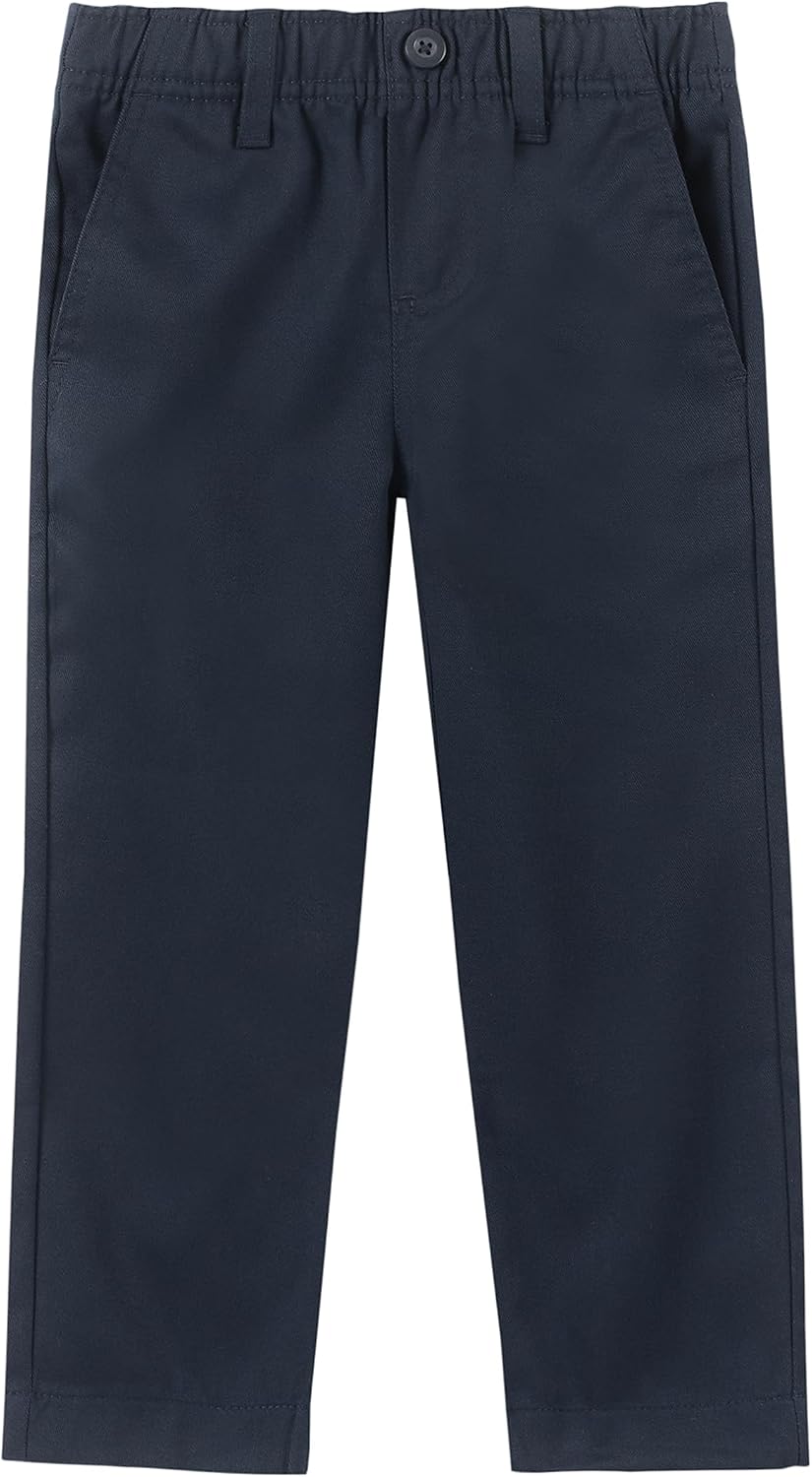 Boys School Uniform Twill Khaki Pants, Flat Front & Elasticized Waistband, Zipper Closure With Faux Button
