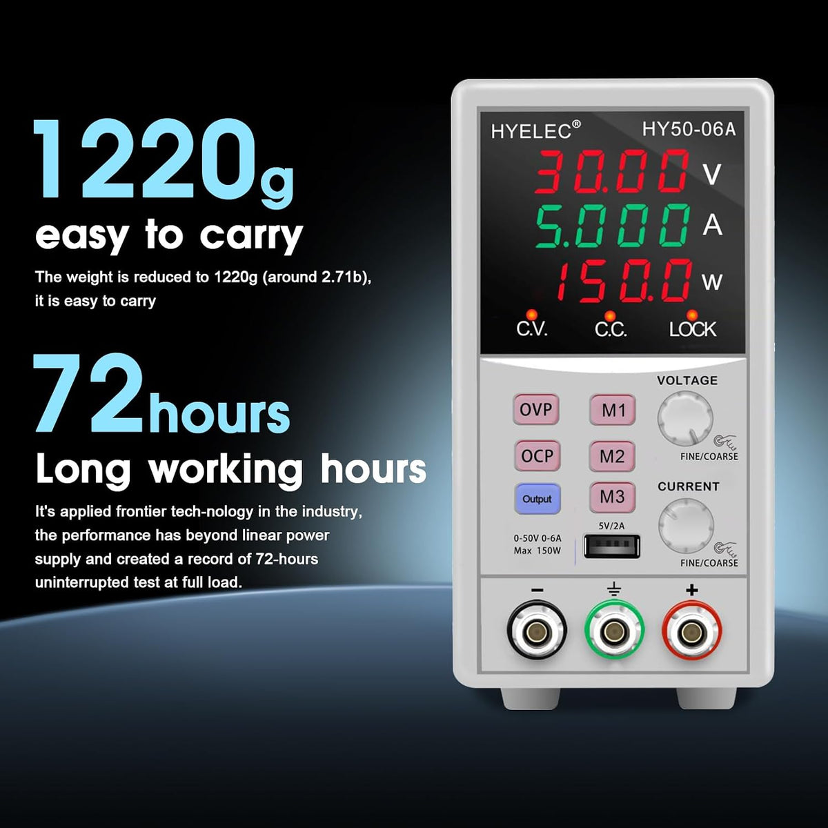 Variable DC Power Supply,0-50V 0-6A max150W Switching Regulated Bench Power Supply with Memory, 4-Digit LED Display, 5V2A USB Interface, Output Switch, Coarse and Fine Adjustments