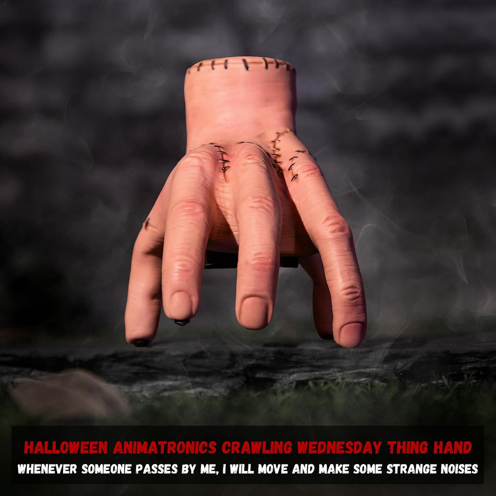 Halloween Animatronics Thing Hand Decorations, Sound Activated Wednesday Crawling Hand with Creepy Sound Scary