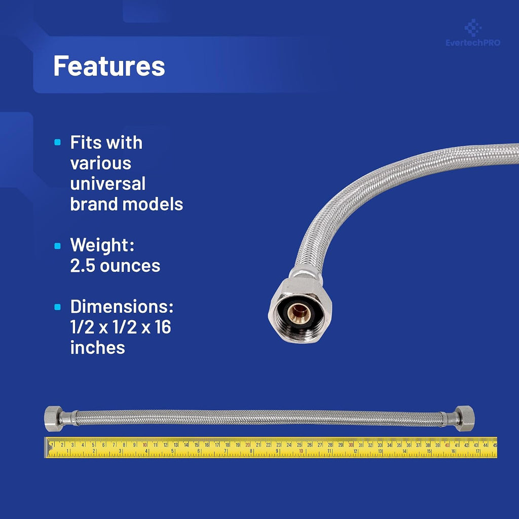 PLB813316 EvertechPRO Stainless Steel Braided Toilet Water Supply Line - F 1/2 x F 1/2 x 16 inch Connector, Universal