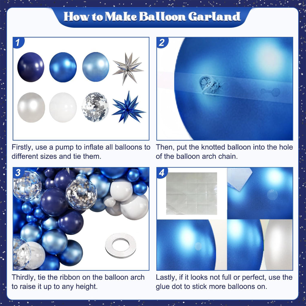 Blue White Silver Balloon Garland Arch Kit, 140Pcs Navy Light Metallic Blue Silver White Confetti Balloons With Stars