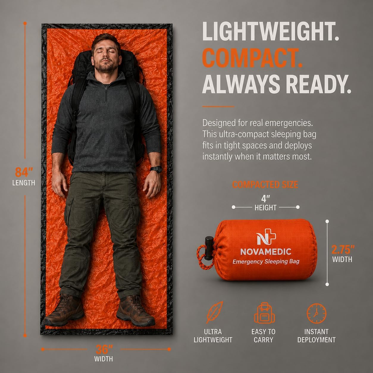 Emergency Sleeping Bag – 84"x36" Thermal Mylar Survival Bivy Sack – Waterproof, Lightweight & Compact Emergency
