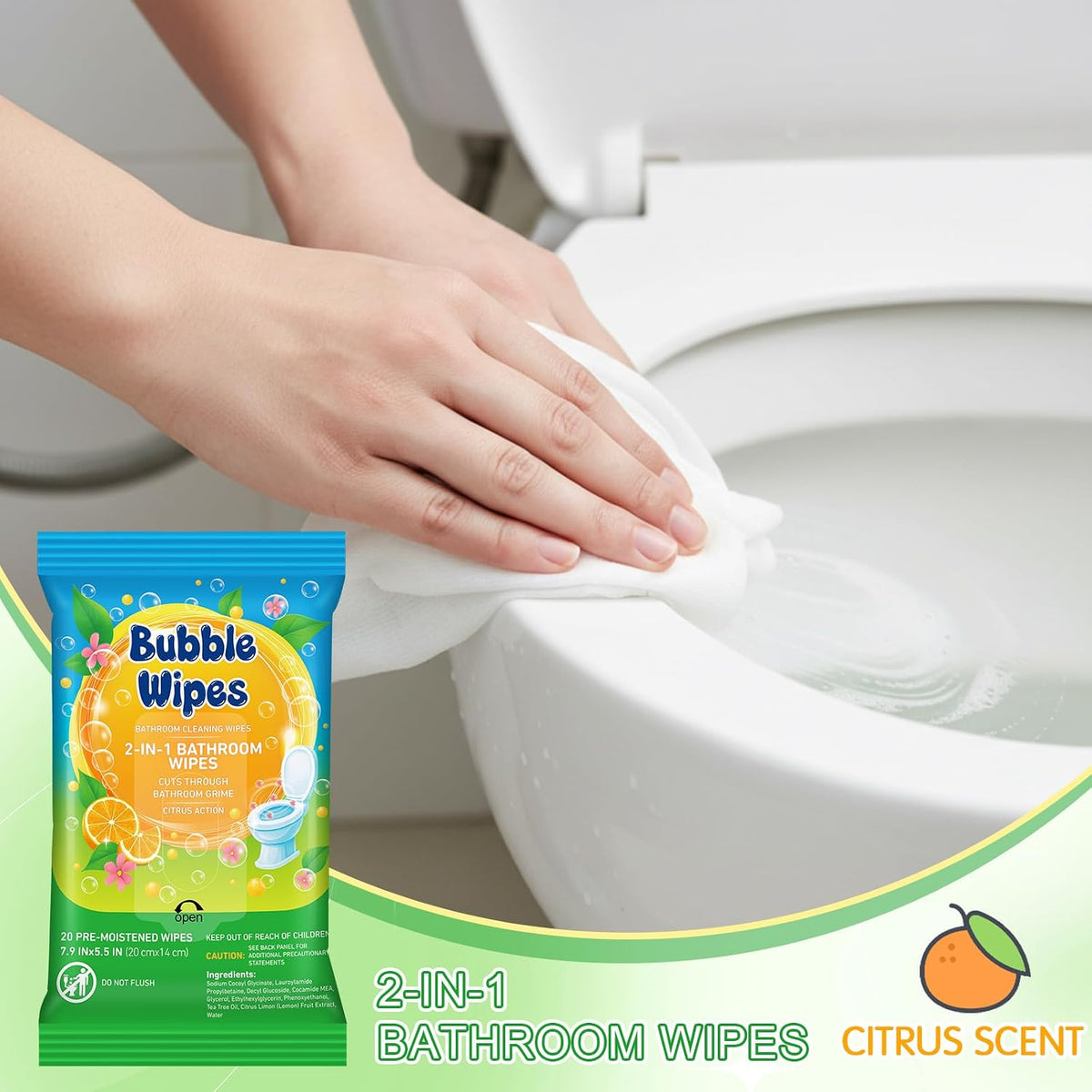 10-pack Bathroom Cleaning Wipes 100/200 Count 2-in-1 Citrus Scent Wipes Cleaner for Bathroom Toilet, Sink, Tile &