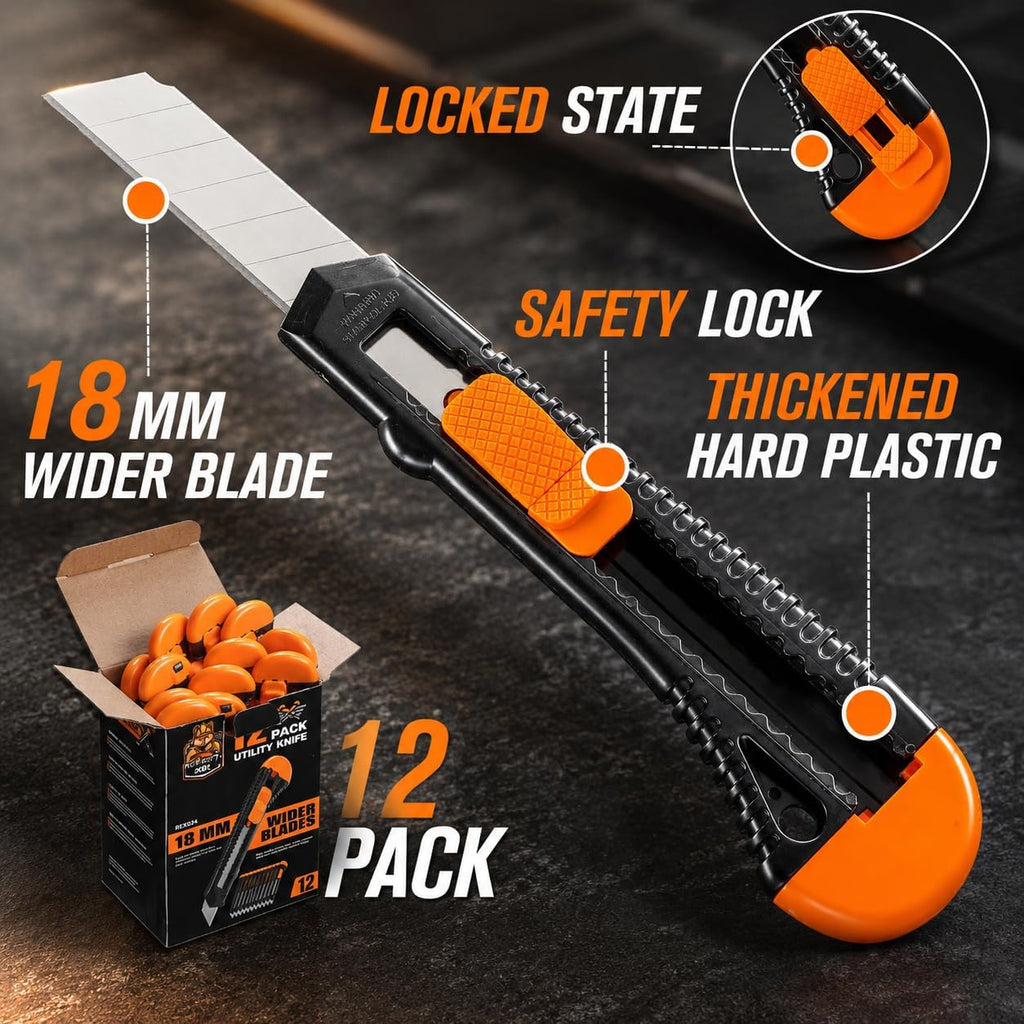 12-Pack Utility Knife, Retractable Box Cutter for Cartons, Cardboard and Boxes, 18mm Wider Razor Sharp Blade, Smooth