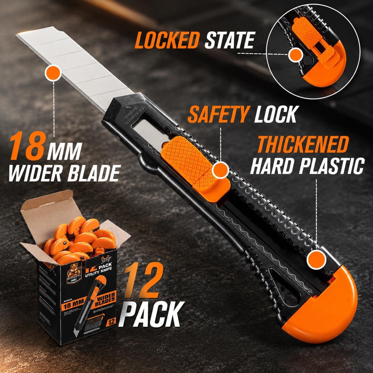 12-Pack Utility Knife, Retractable Box Cutter for Cartons, Cardboard and Boxes, 18mm Wider Razor Sharp Blade, Smooth