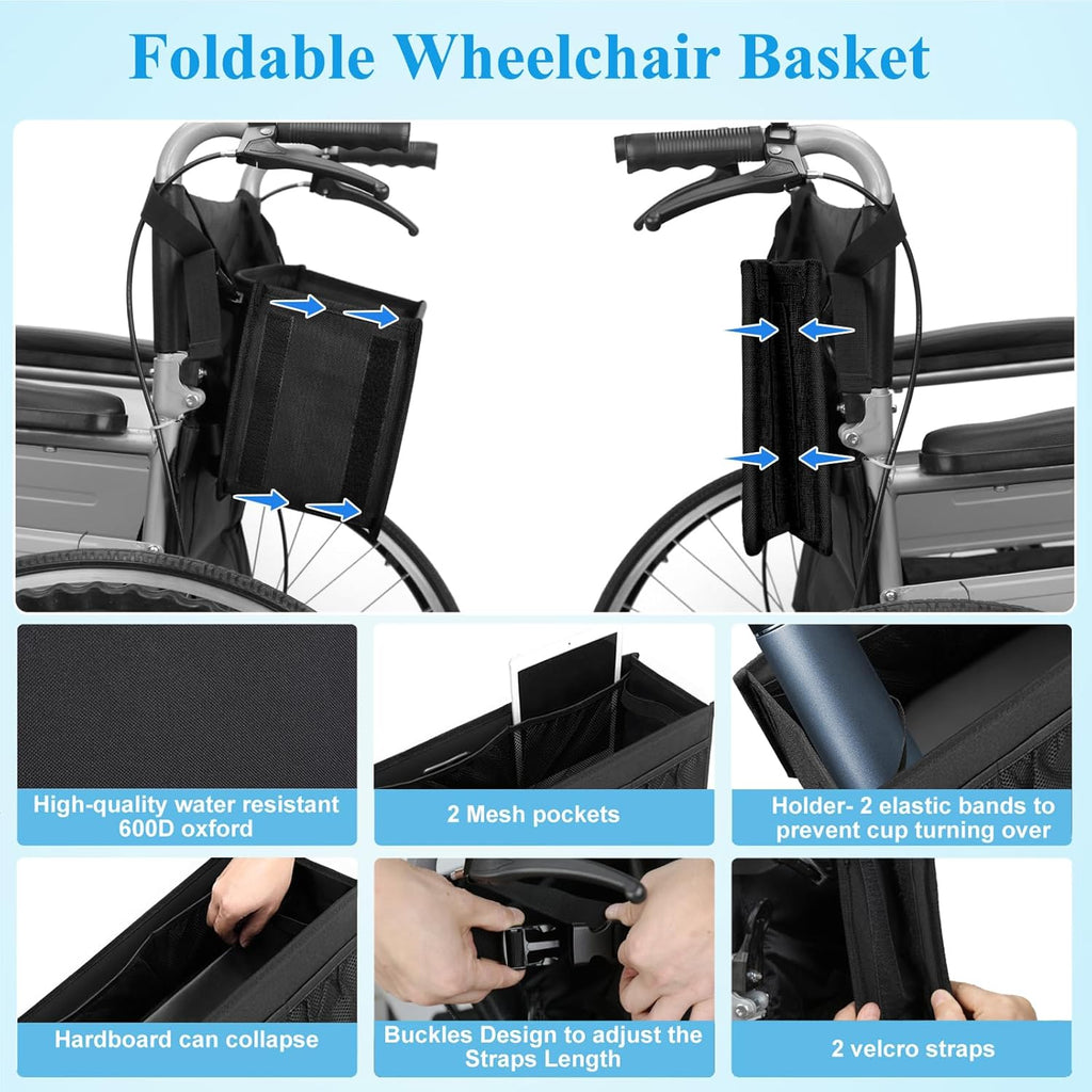 Wheelchair Basket for Back, Large Capacity Wheelchair Backpack Storage Bag with Cup Holder