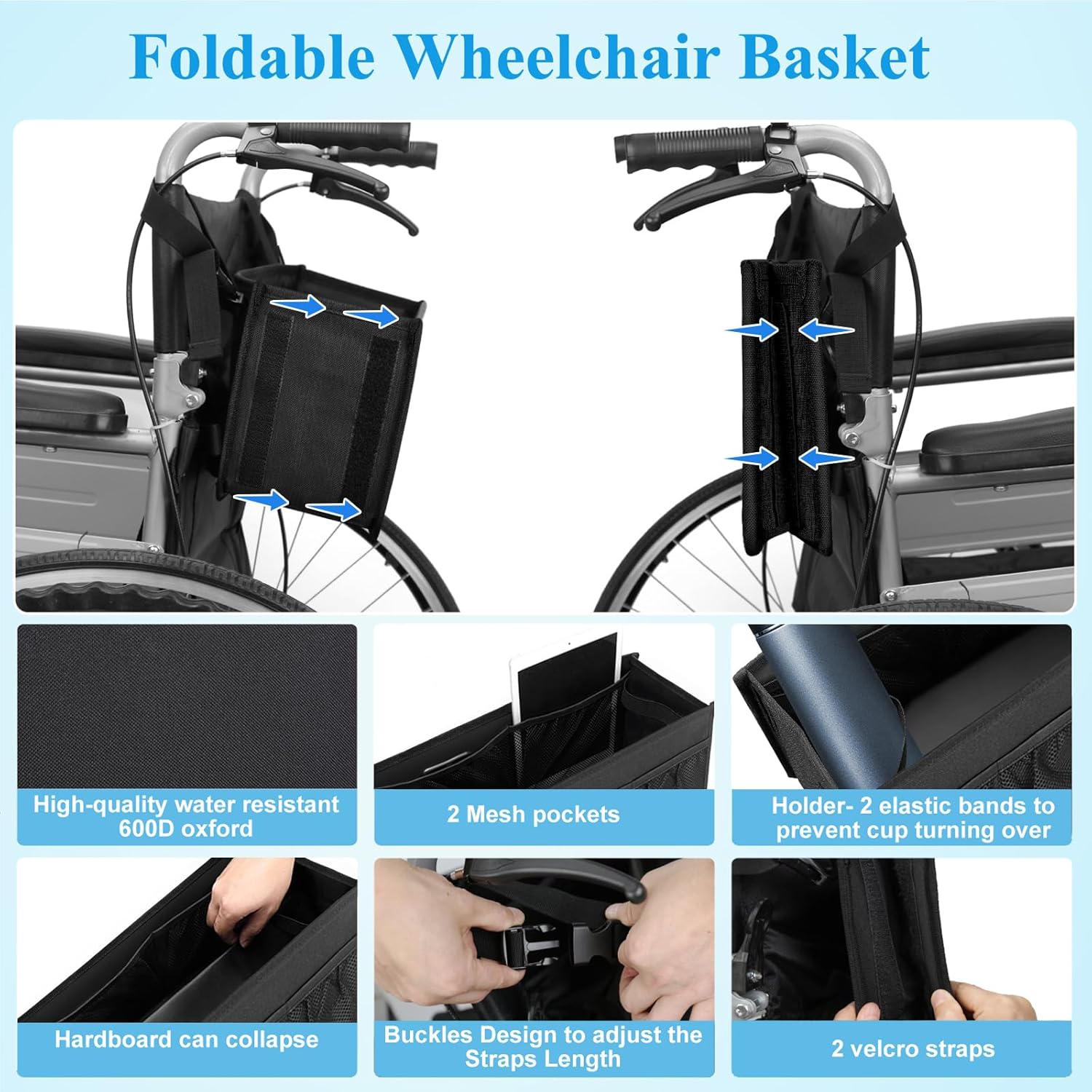 Wheelchair Basket for Back, Large Capacity Wheelchair Backpack Storage Bag with Cup Holder