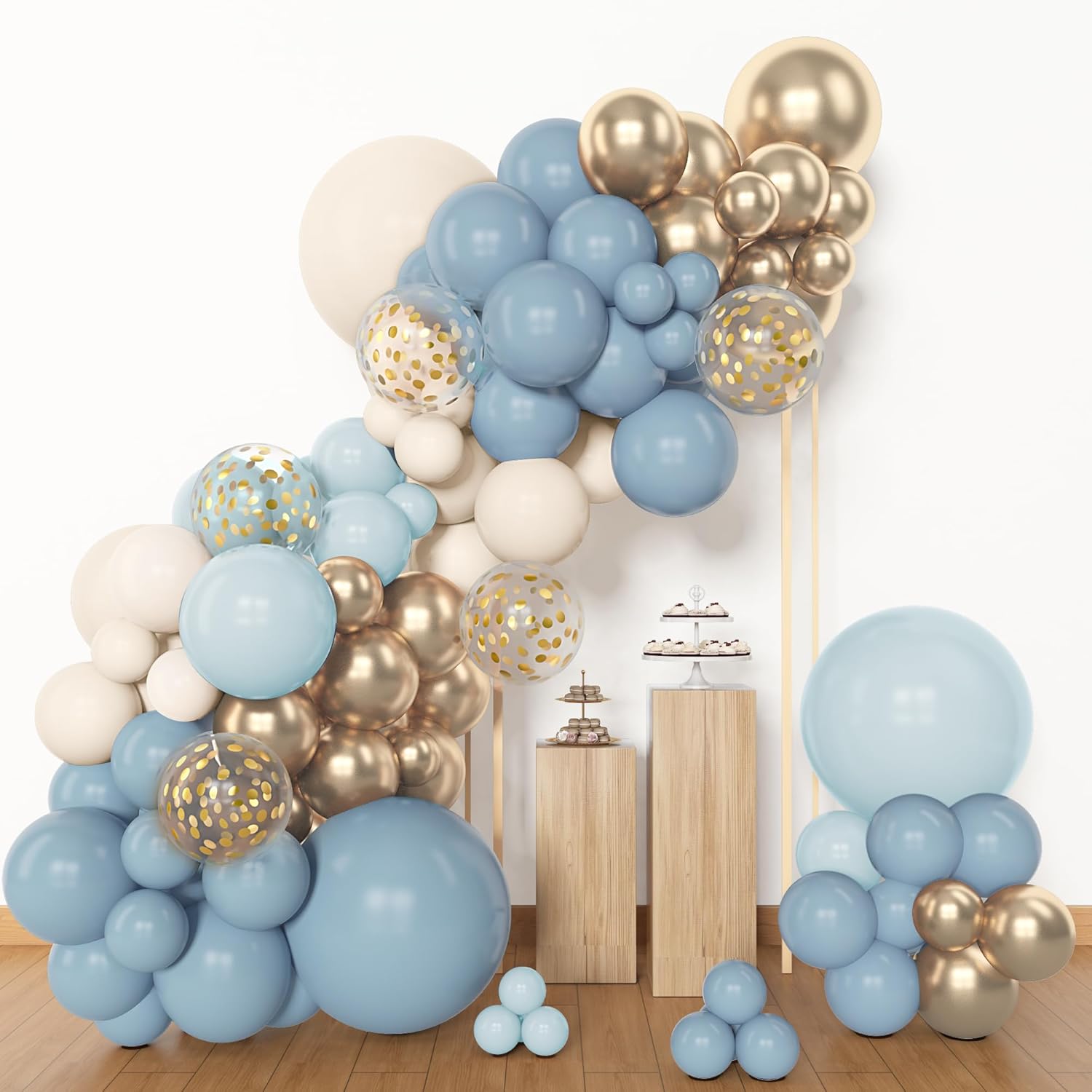 153pcs Dusty Blue Balloon Garland Arch Kit, Different Sizes 18 12 10 5 inch Blue White Sand Latex Metallic Confetti