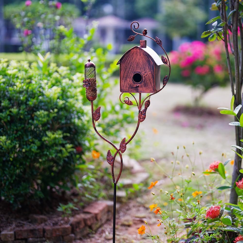49" Bird Houses for Outside with Pole, Outdoor Metal Birdhouse with Mesh Feeder for Patio, Yard, Garden(Antique Bronze)