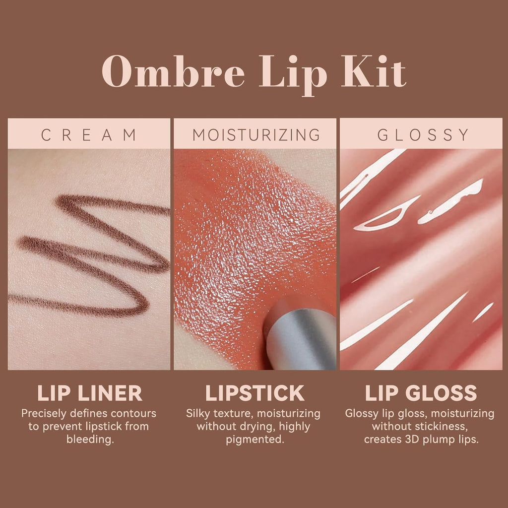 3 Pcs Juicy Nude Lip Kit - Brown Gradient Lip Liner & Nourishing Lipstick & Glossy Lip Gloss, Long-Lasting
