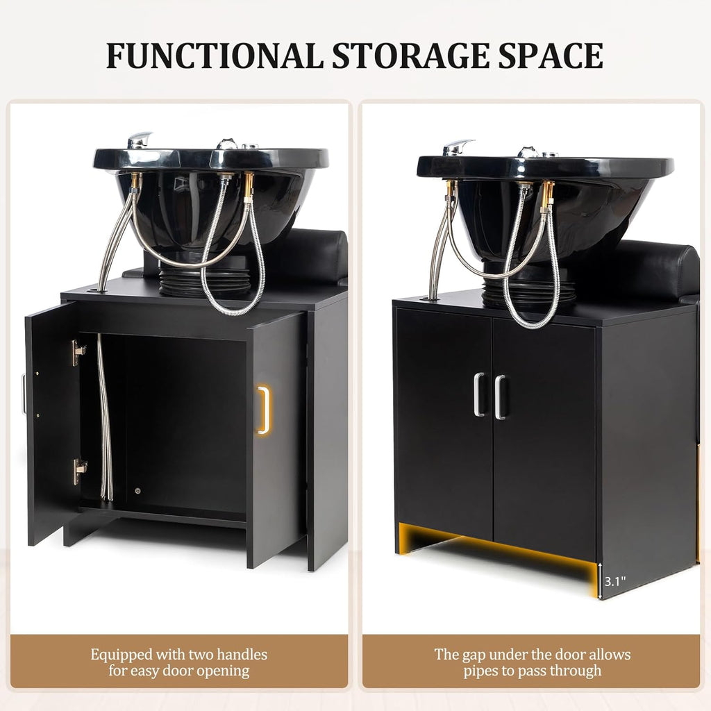 Salon Shampoo Bowl and Chair, Hair Washing Station w/Tilting Sink & Storage Cabinet, Backwash Barber Chair for