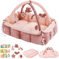 5-in-1 Baby Play Gym and Tummy Time Mat, 12 Learning Cards, Plush Activity Mat with 6 Toys, Baby Gym, Convertible to