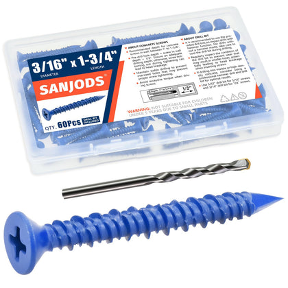 3/16" x 1-3/4" Concrete Screw Anchor, Blue Flat Head Screws for Anchoring to Masonry, Brick, Block, Cement or Stucco